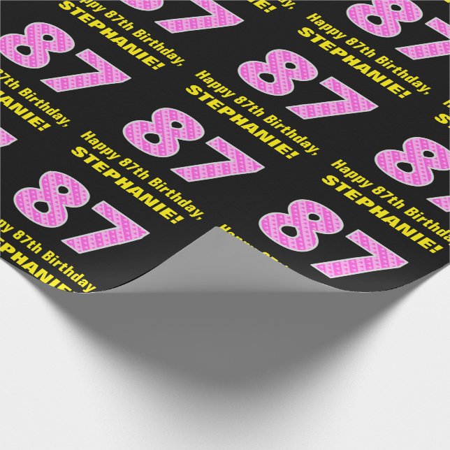 Papel De Regalo 87º cumpleaños: Rayas rosas y corazones "87" + nom (Esquina)