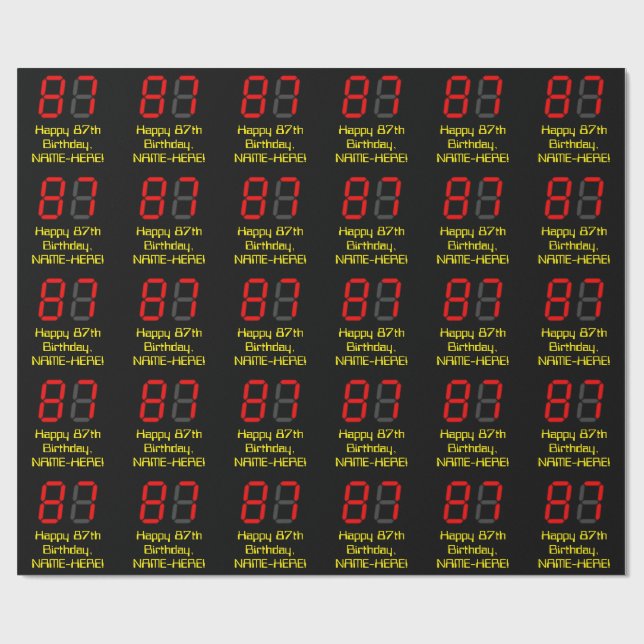 Papel De Regalo 87º cumpleaños: Red Digital Clock Style "87" + Nom (Superficie plana)