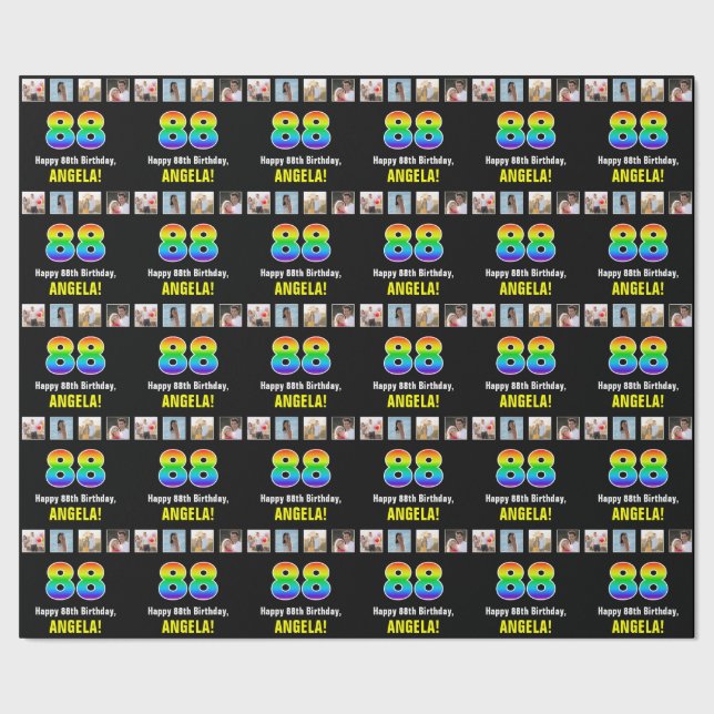 Papel De Regalo 88º cumpleaños: Arcoiris "88"; fotos y nombre de P (Costura)