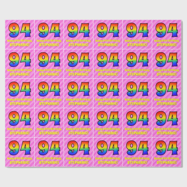 Papel De Regalo 94º cumpleaños: Rayas y corazones rosados, arcoiri (Superficie plana)