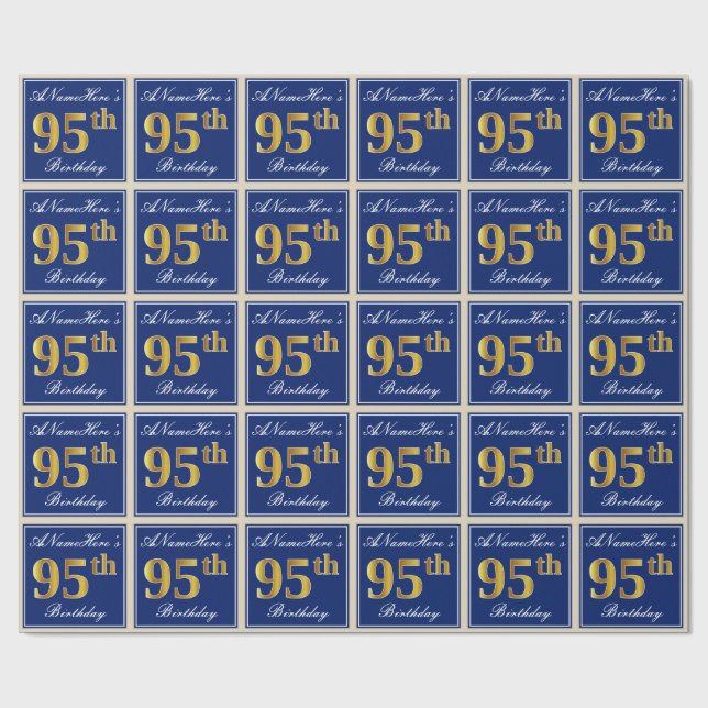 Papel De Regalo 95.o cumpleaños del oro elegante, azul, falso + (Superficie plana)
