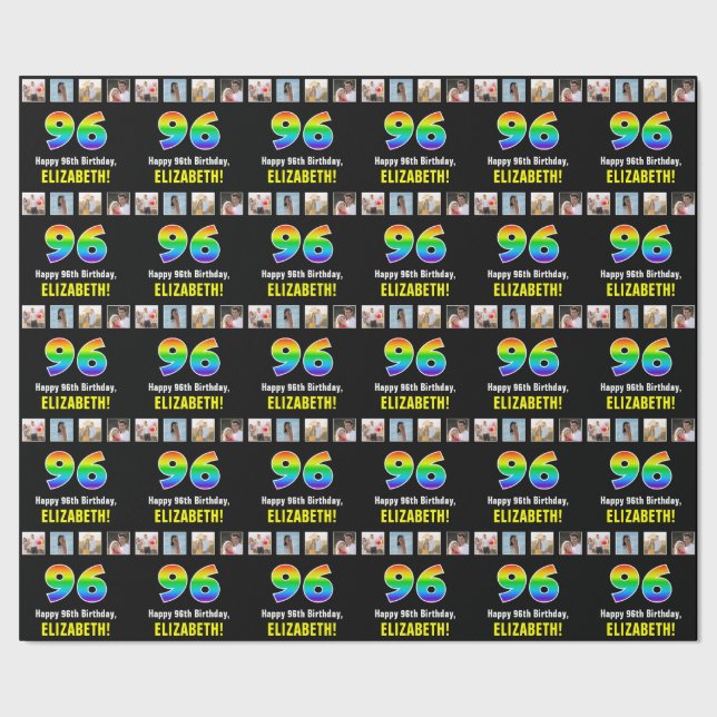 Papel De Regalo 96º cumpleaños: Arcoiris "96"; fotos y nombre de P (Costura)