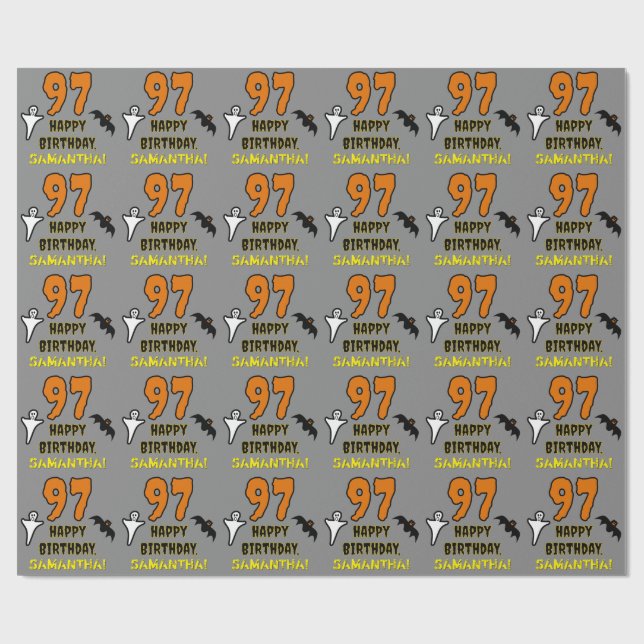 Papel De Regalo 97.º cumpleaños: Tembloroso tema de Halloween, nom (Superficie plana)