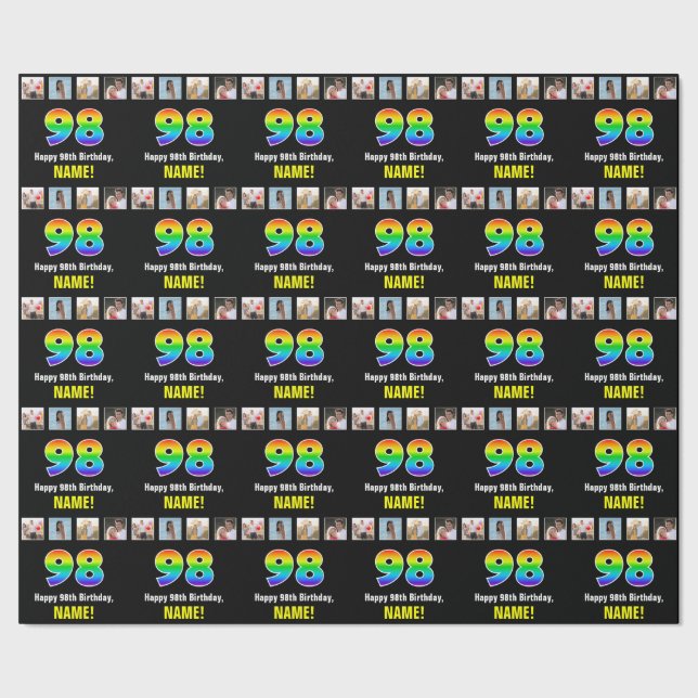 Papel De Regalo 98º cumpleaños: Arcoiris "98"; fotos y nombre de P (Costura)