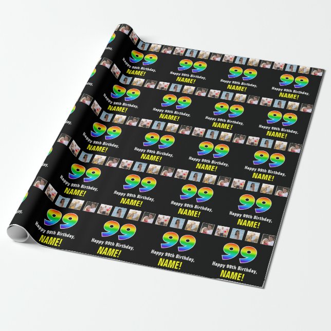 Papel De Regalo 99º cumpleaños: Arcoiris "99"; fotos y nombre de P (Desenrollado)