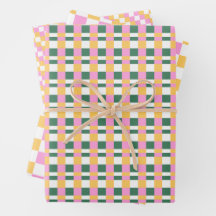 Papel de regalo a cuadros rosa y dorado trío