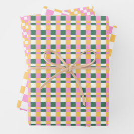 Papel de regalo a cuadros rosa y dorado trío