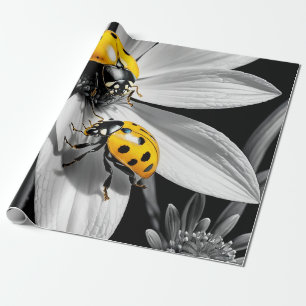 Papel De Regalo Abeja Amarillo De Ladybugs Sobre Flor Blanca Negra