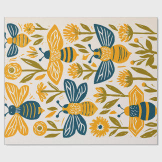Papel De Regalo Abeja de miel de linóleo vintage - mostaza y azul