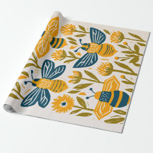 Abeja de miel de linóleo vintage - mostaza y azul