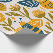 Abeja de miel de linóleo vintage - mostaza y azul
