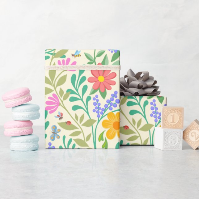 Papel De Regalo Abeja de miel, galimatías, mariposa, libélula y fl (Baby Shower)