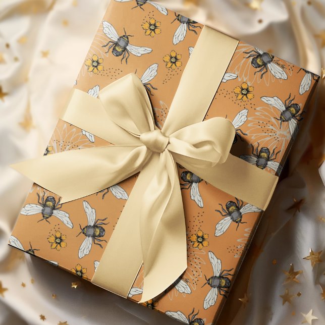 Papel De Regalo Abeja Melífera Zumba Naranja de Moda para Primaver (Hand-drawn happy buzzing bees with Spring-time Cosmos and Daisy flowers)