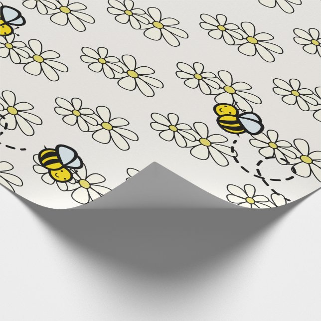 Papel De Regalo Abeja Mielera Amarilla y Patrón de Margarita Blanc (Esquina)