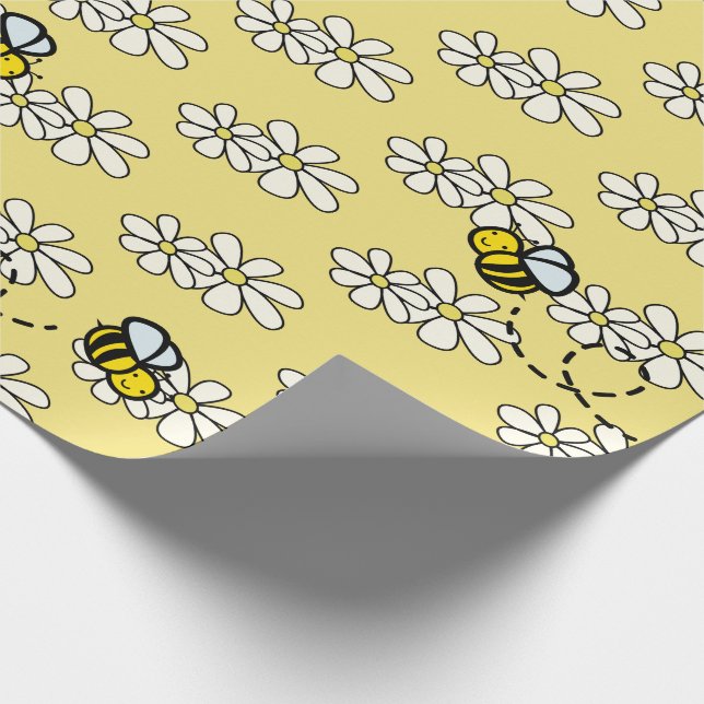 Papel De Regalo Abeja Mielera Amarilla y Patrón de Margaritas Blan (Esquina)