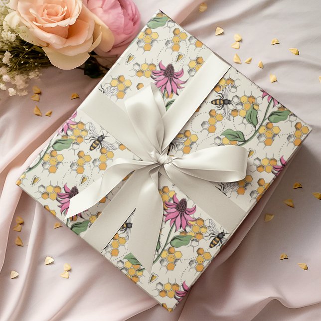Papel De Regalo Abeja reina encantadora, honeycomb y flores exótic (Elegant Hand-Drawn Buzzing Queen Bee, Honeycomb & Pink Exotic Flower Gift Wrap for Nature Lovers.)