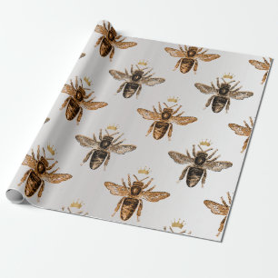 Papel De Regalo Abeja Reina Miel Bronce Gris Vintage Corona