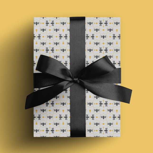 Papel De Regalo Abeja veraniega curada de abeja amarilla moderna (Modern Bee Yellow Honeycomb Cute Summer Beehive Wrapping Paper)