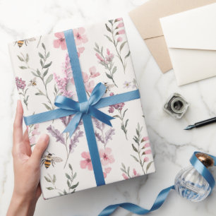 Papel De Regalo Abejas Lavanda Flores Rosadas Cumpleaños
