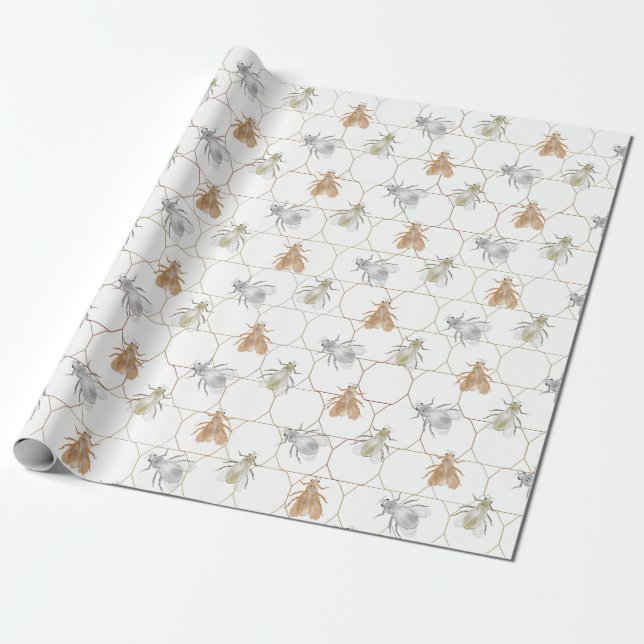 Papel De Regalo Abejas Metalizado de cobre doradas modernas (Desenrollado)