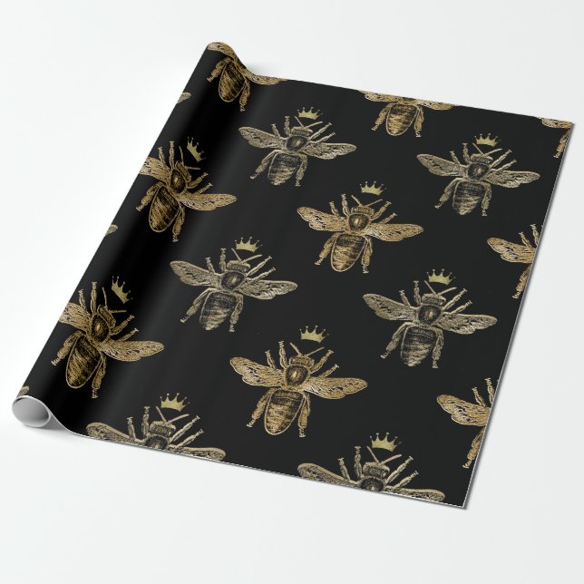 Papel De Regalo Abejas reina de oro en negro (Desenrollado)
