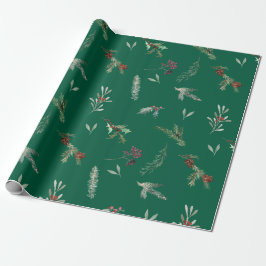 Papel De Regalo Abeto festivo y bayas rojas verde bosque