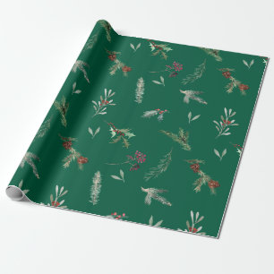 Papel De Regalo Abeto festivo y bayas rojas verde bosque