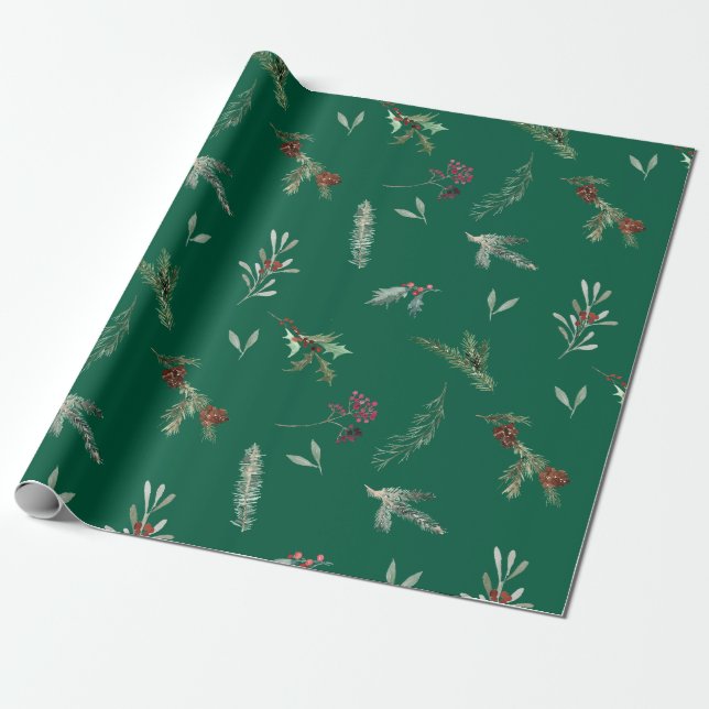 Papel De Regalo Abeto festivo y bayas rojas verde bosque (Desenrollado)