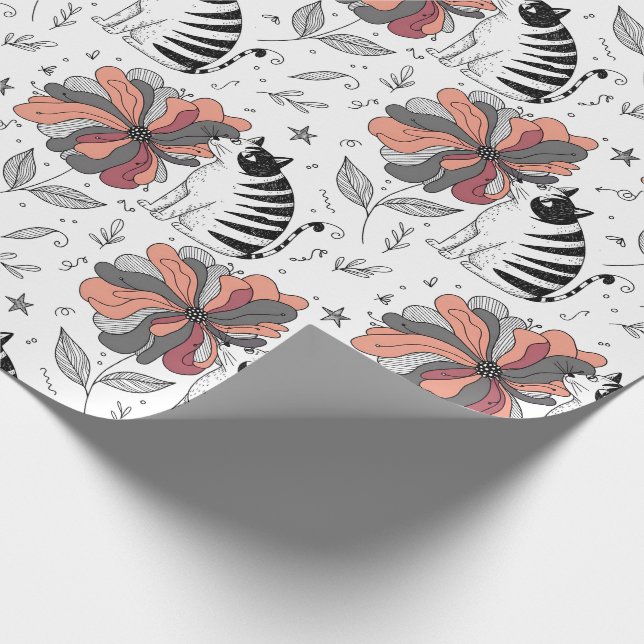Papel De Regalo Abstract Doodle Art Style Cat Smelling Flower (Esquina)