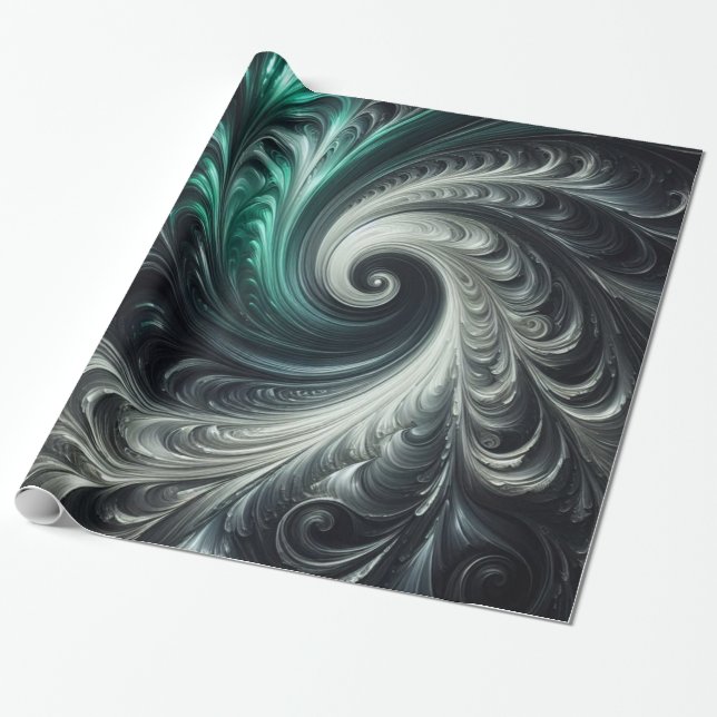 Papel De Regalo Abstract Modern Swirling Green, Silver and Black (Desenrollado)