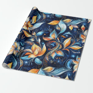 Papel De Regalo Abstracto azul y oro Hojas Paisley (2)