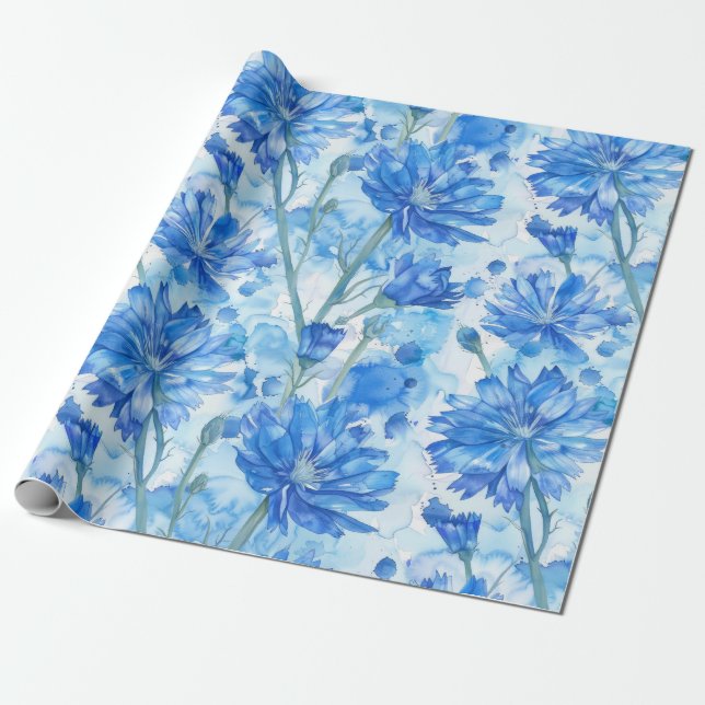 Papel De Regalo Abstracto Flores azules y blancas (Desenrollado)