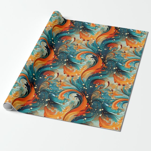 Papel De Regalo Abstracto Verde Azul y Naranja (Desenrollado)