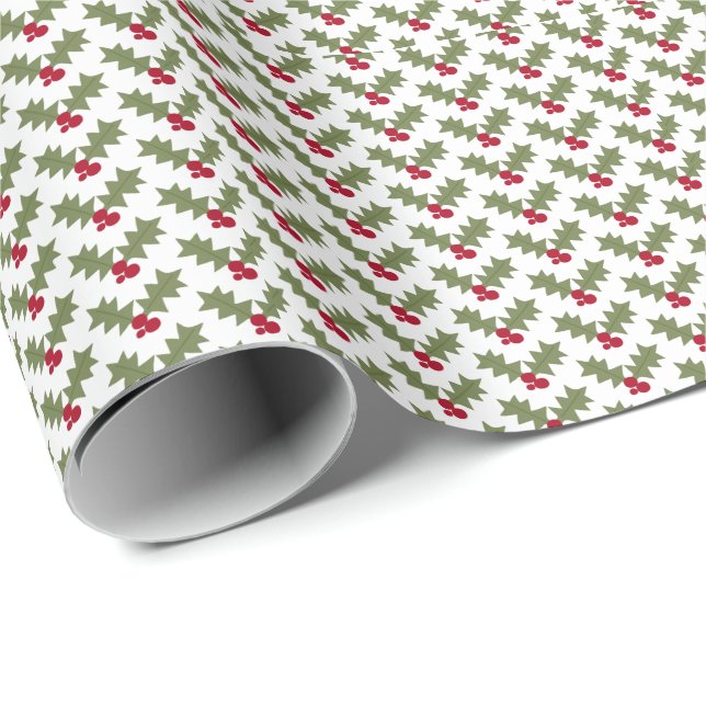 Papel De Regalo Acebo de Navidad Bayas Rojas Hojas Verdes (Esquina del rollo)