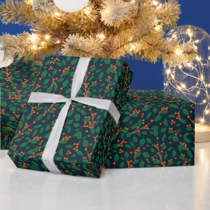 Papel De Regalo Acebo de Navidad Botánica Verde Marino
