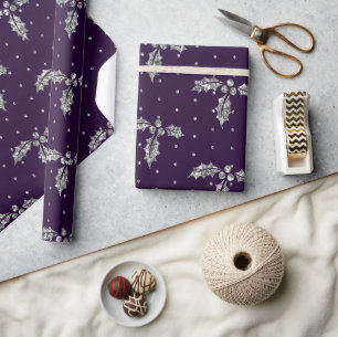 Papel De Regalo Acebo de Navidad Elegante con Purpura y Brillo de