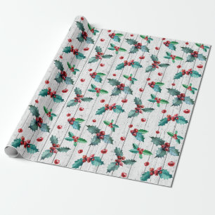 Papel De Regalo Acebo de Navidad Rústico sobre Patrón de Madera de