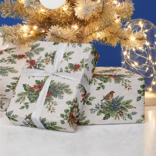 Papel De Regalo Acebo de Navidad tradicional y frutas de invierno