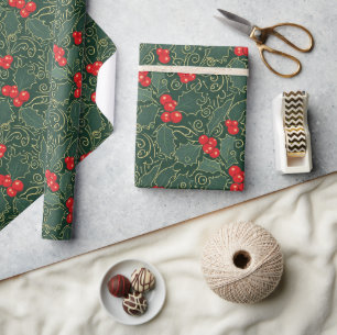 Papel De Regalo Acebo Filigrana Verde Oscuro y Dorado ID1220