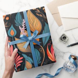 Papel De Regalo Acogedor arte folclórico floral digital de otoño