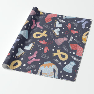 Papel De Regalo Acogedoras cosas de invierno con un fondo azul. Pu