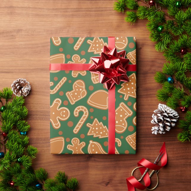 Papel De Regalo Acogedores Navidades de Gingerbreads Oscuros Verde (Regalo de vacaciones)