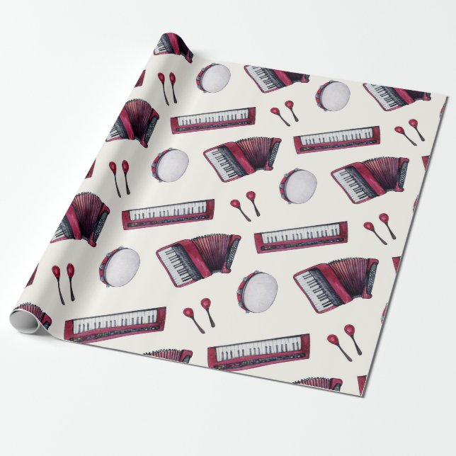 Papel De Regalo Acordeón, ambourina, teclado, castañitas (Desenrollado)