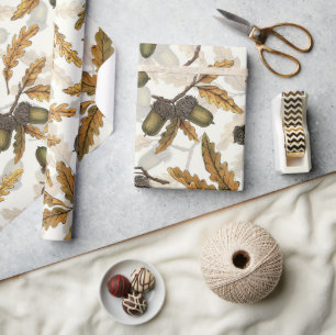 Papel De Regalo Acorns y hojas de roble en blanco roto