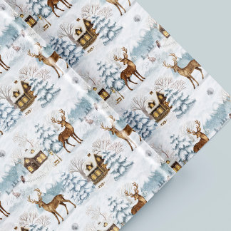Papel De Regalo Acrarela Navidad Ciervo Pueblo Nevado Invierno