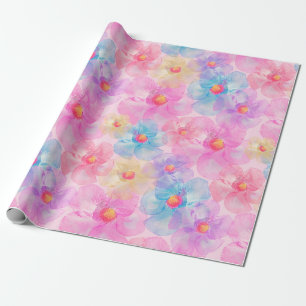 Papel De Regalo Acuarela abstracta flores rosadas y azules