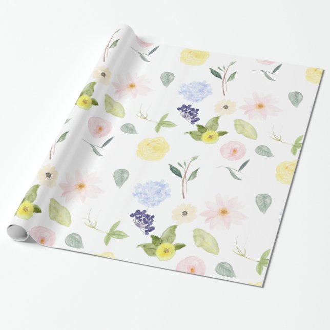 Papel De Regalo Acuarela amarilla rosada floral (Desenrollado)