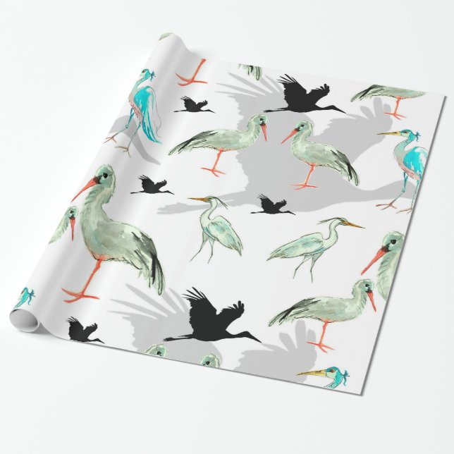 Papel De Regalo Acuarela Animales - Perón, pájaros, Azul, Egret (Desenrollado)