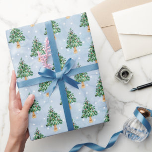 Papel De Regalo Acuarela Árbol de Navidad Copos de Nieve Invierno 