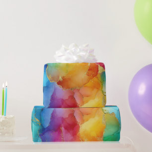 Papel De Regalo Acuarela Arcoíris y Tinta Alcohólica con Brillo de